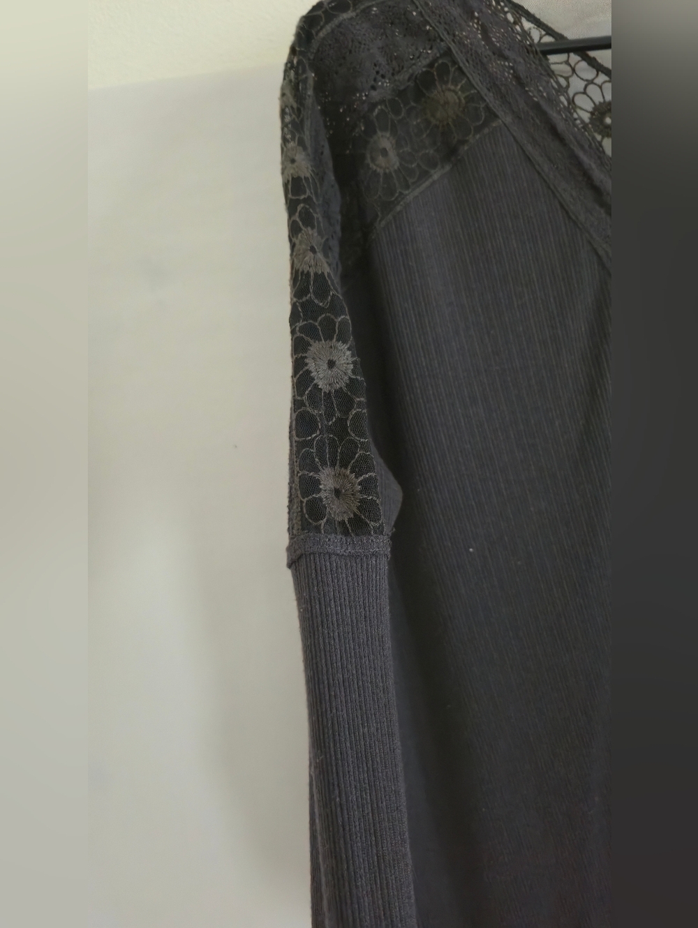 Free People Charcoal  Lace-Trim Long Sleeve Top - Picture 3 of 10